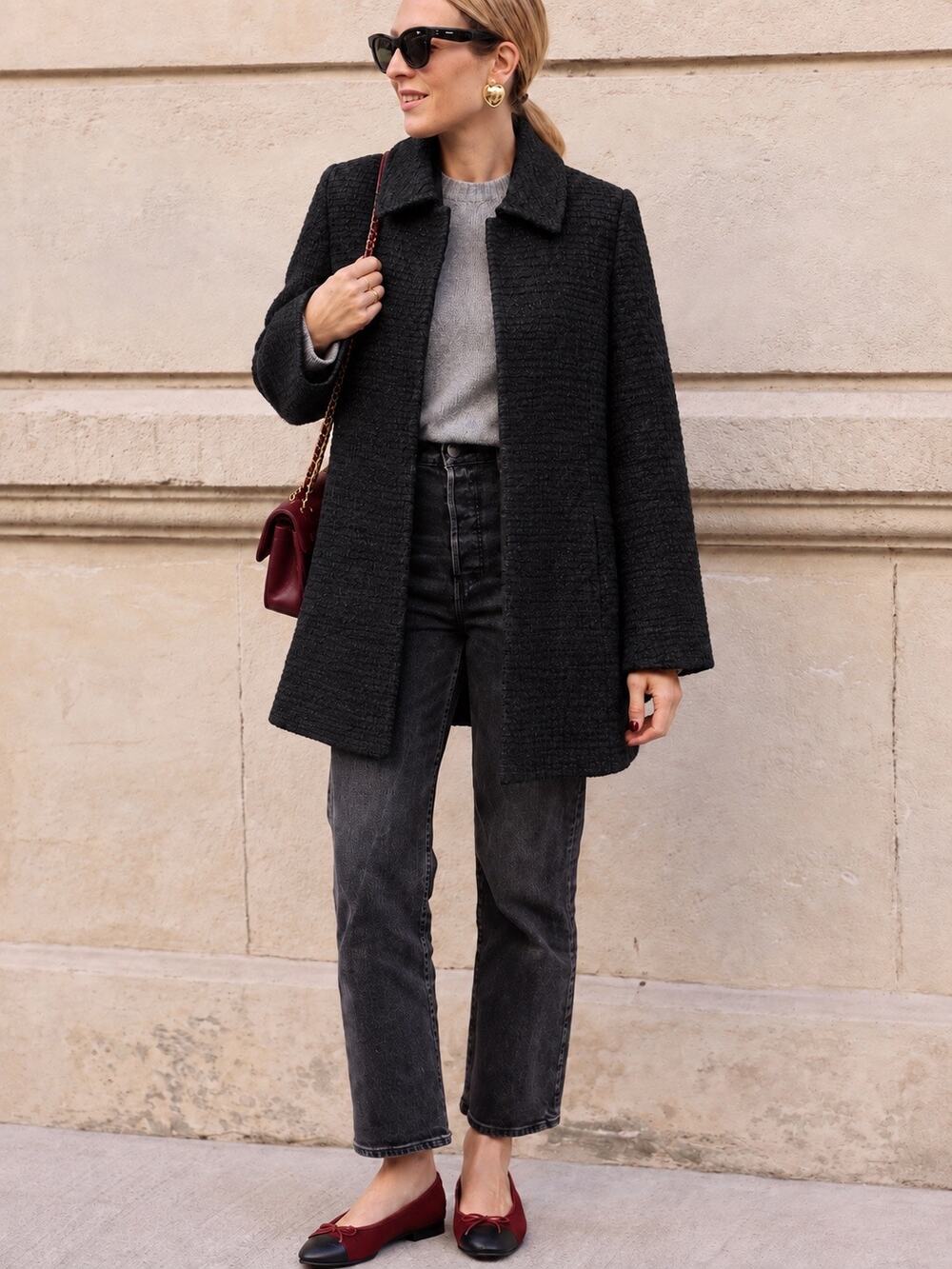 Fleurette Black Textured Wool Blend A-Line Swing Coat Hidden Button Made USA Y2K